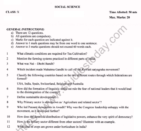 CBSE Class 10 Social Science Worksheet Set I